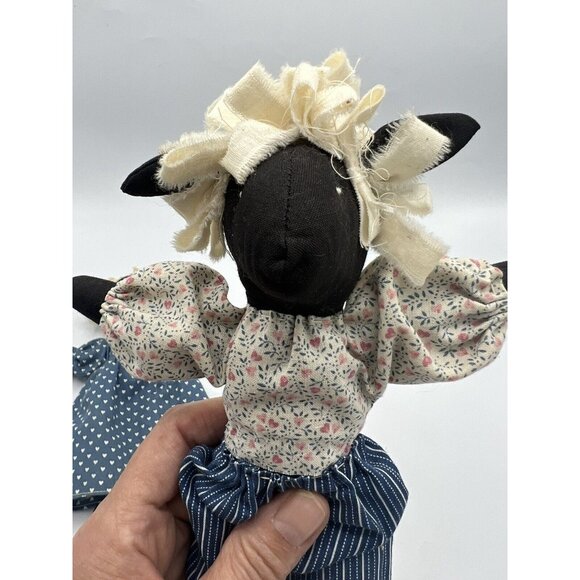 2 Folk Art Primitive Handmade Black Sheep Boy Girl Dress Pantaloons 8" Soft Toy - Picture 4 of 8
